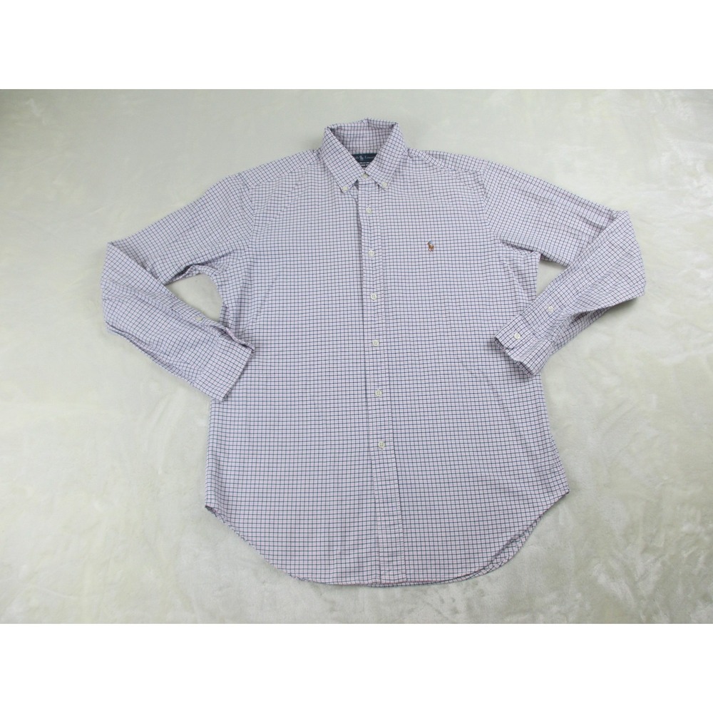 Ralph Lauren Shirt Mens Medium White Blue Check Button Up Classic Fit Flesh Pony